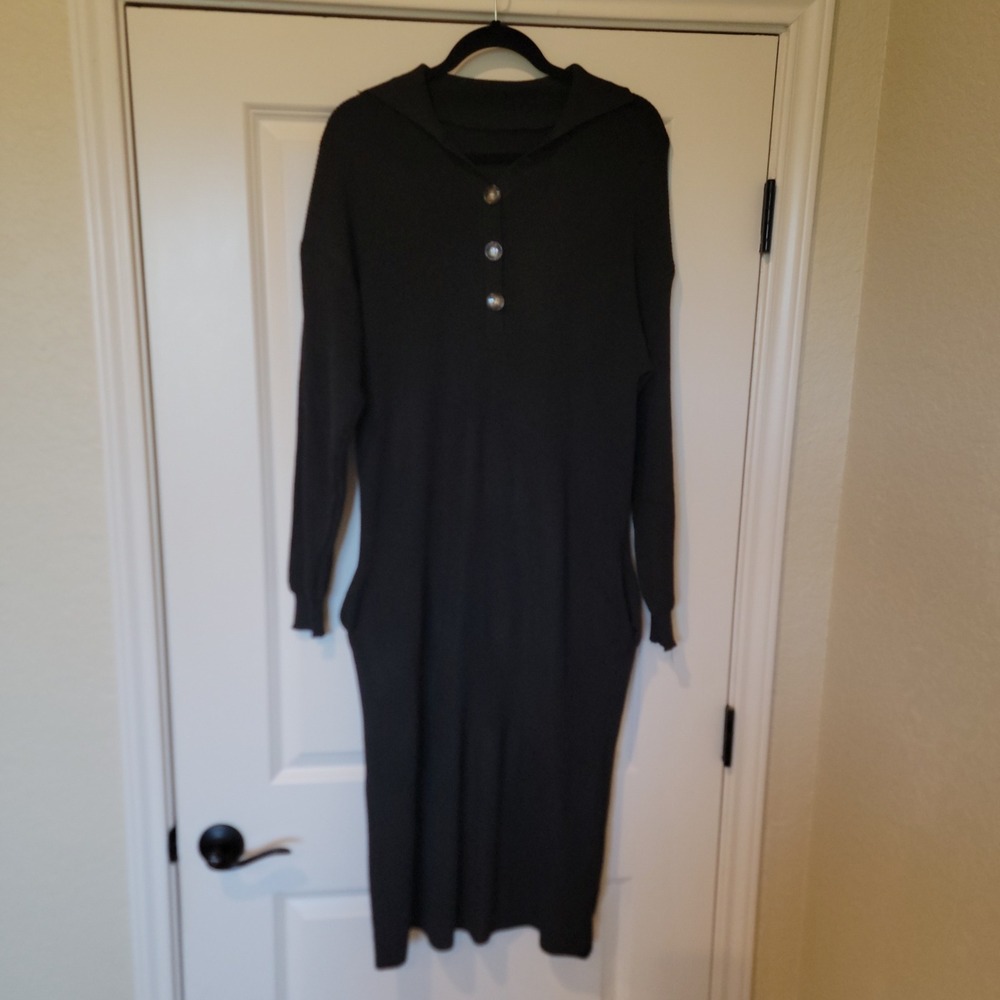 Womens Black Ribbed Henley Sweater Dress Long Sleeve Midi with Pockets Size L